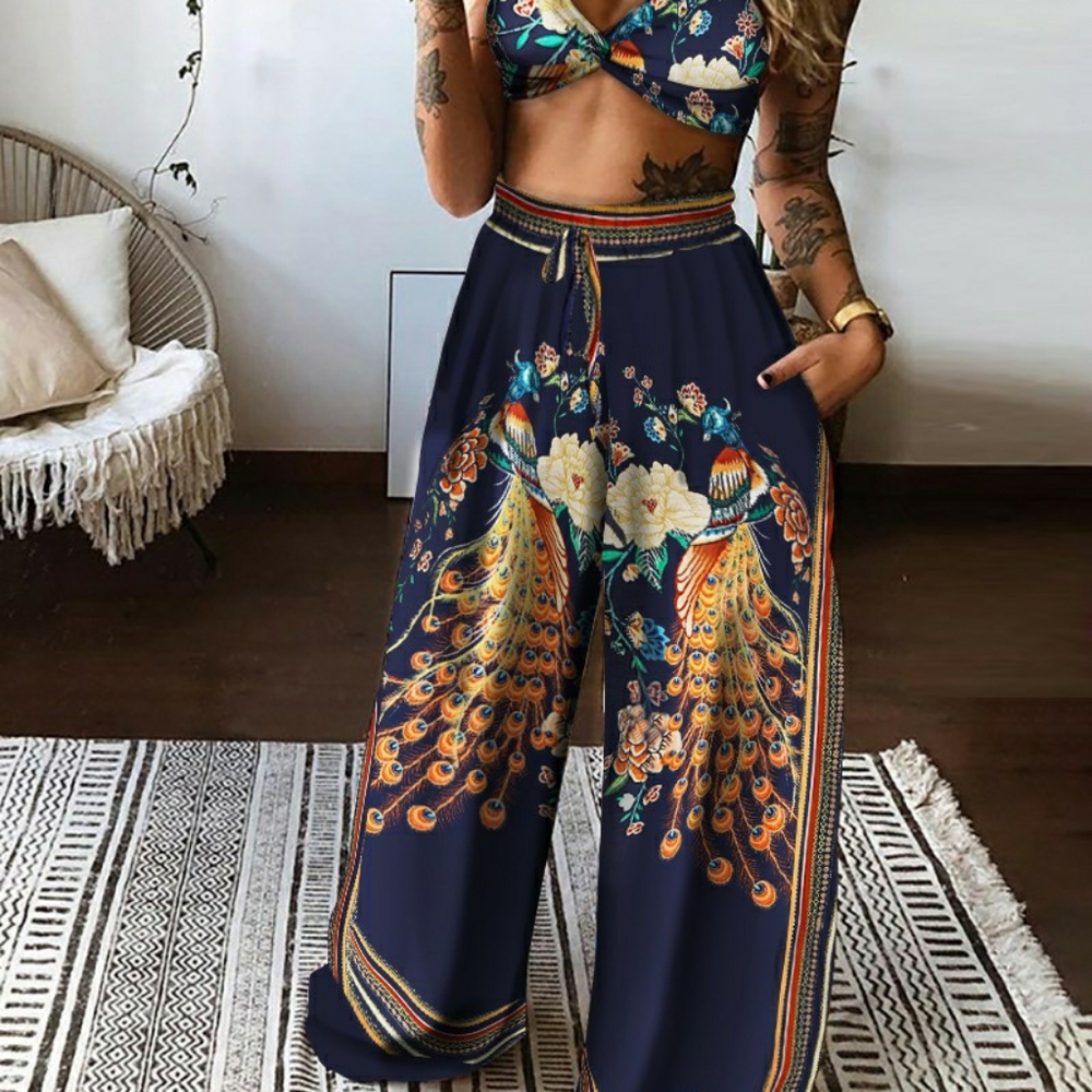 Floral Peacock Print Twisted Front Crop Top & Wide